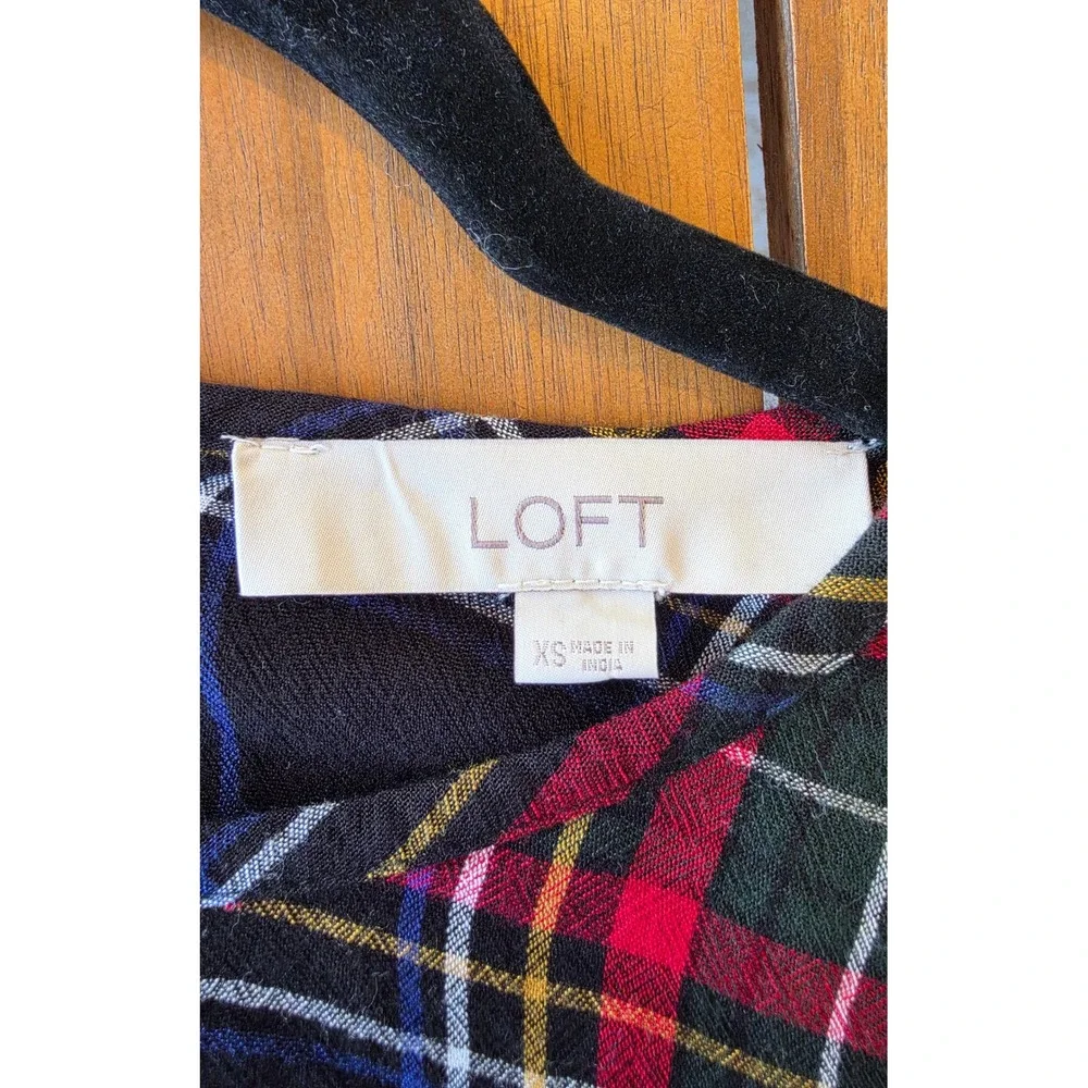 LOFT Plaid Puff Sleeve Button Back Blouse XS Academia Preppy Fall